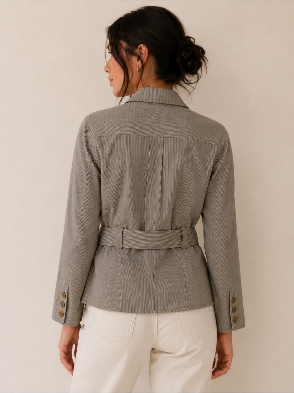 Allegory Gray Pinstripe Utility Belted Safari Jacket Size 10 - Picture 2 of 5